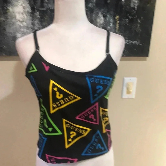 NWT GUESS Colorful Neon Triangle Logo Black Dean Tank Top-Size L - Picture 1 of 6